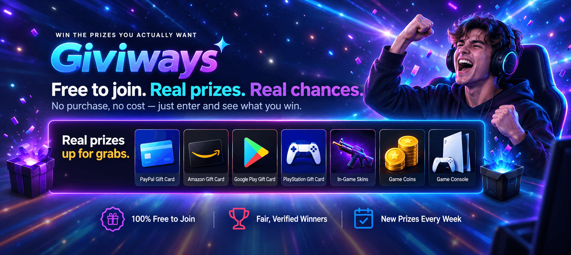 Giviways giveaways are free to join, with real prizes and fair, verified winners