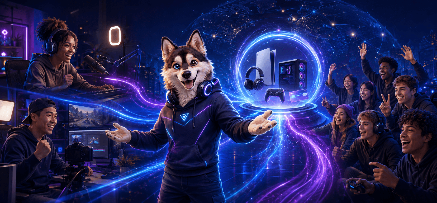 Illustration of Giviways pricing: a creator streaming, the Giviways mascot presenting a prize portal with a PS5 and gaming gear, and a cheering community.